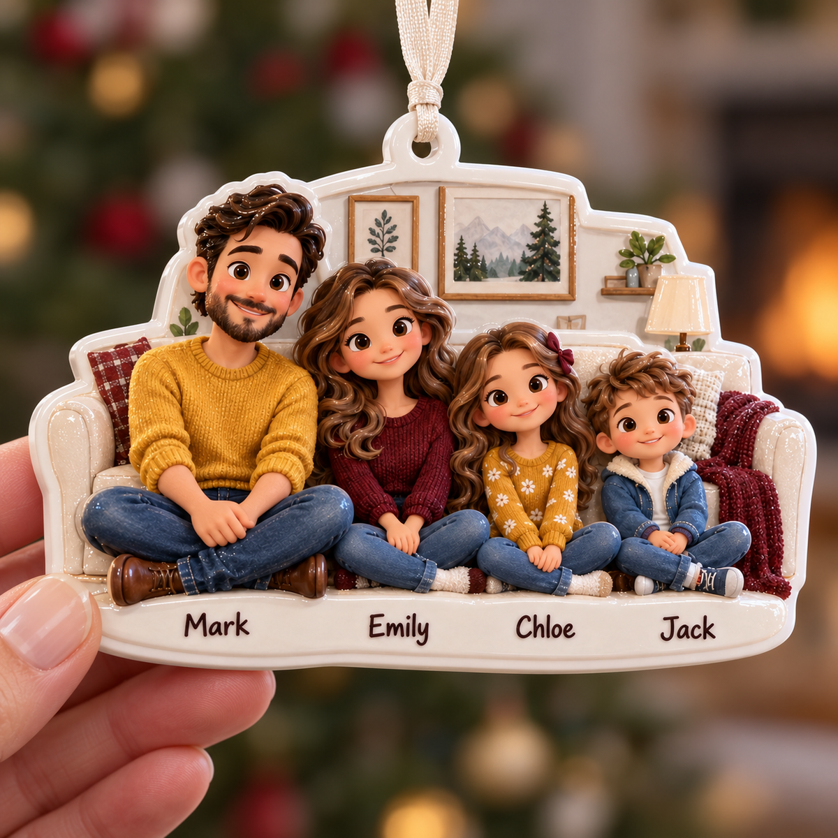 Cartoon Family of Four on Living Room Couch Hanging Holiday Keepsake - 3D Relief Ornament