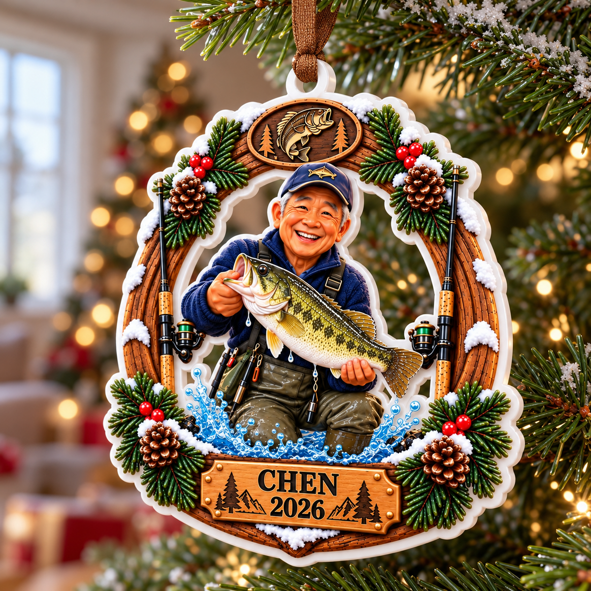 Bass Fisherman Catch Wreath Acrylic Holiday Keepsake - 3D Relief Ornament