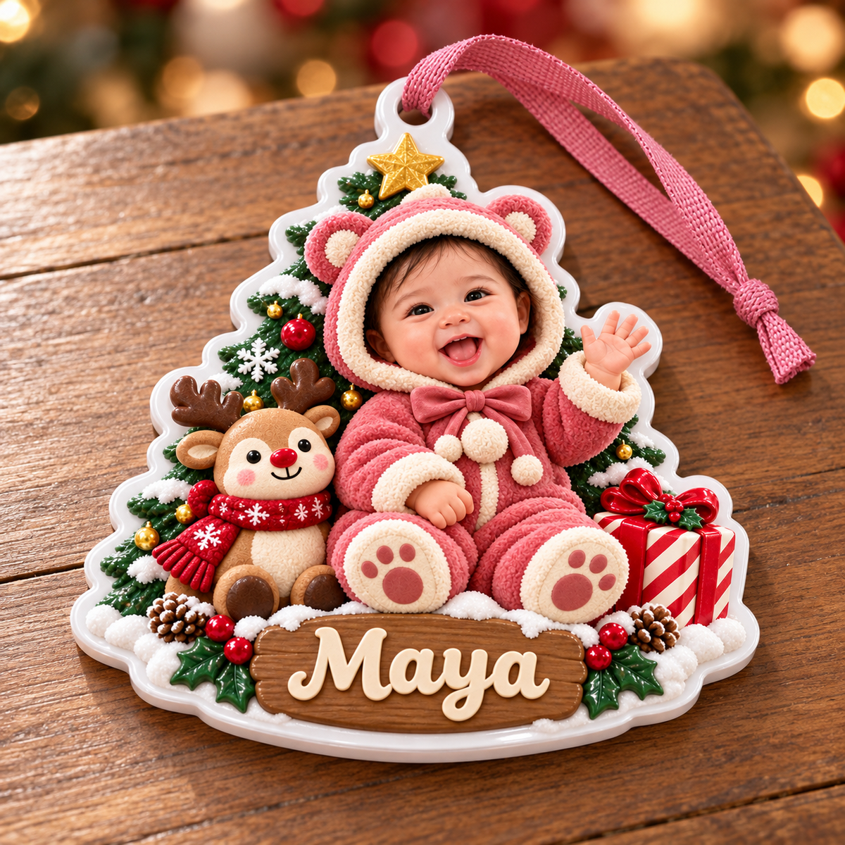 Baby Girl First Christmas Tree Plaque with Reindeer and Teddy Bear Suit - 3D Relief Ornament