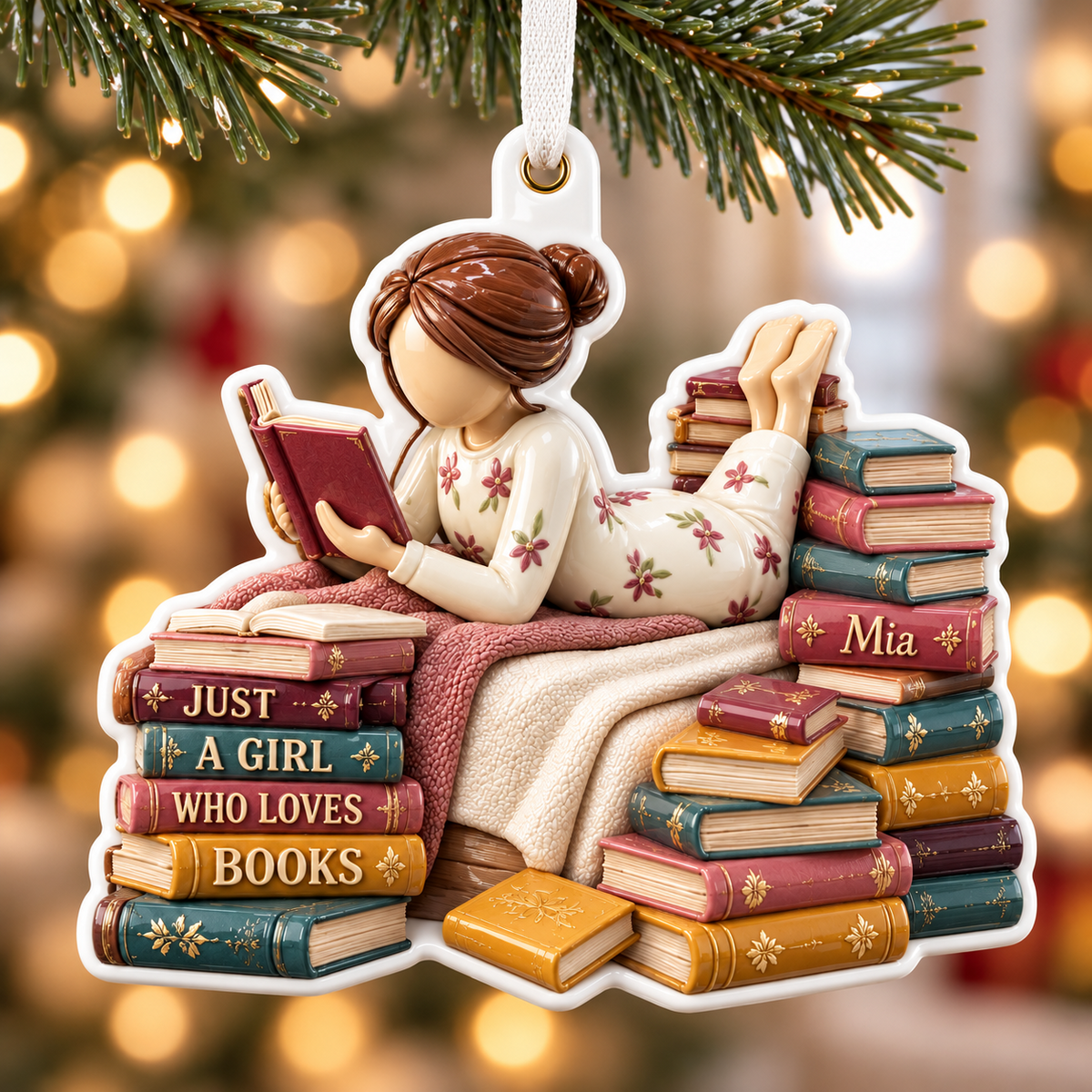 Girl Reading on Bed with Book Stacks Hanging Keepsake - 3D Relief Ornament