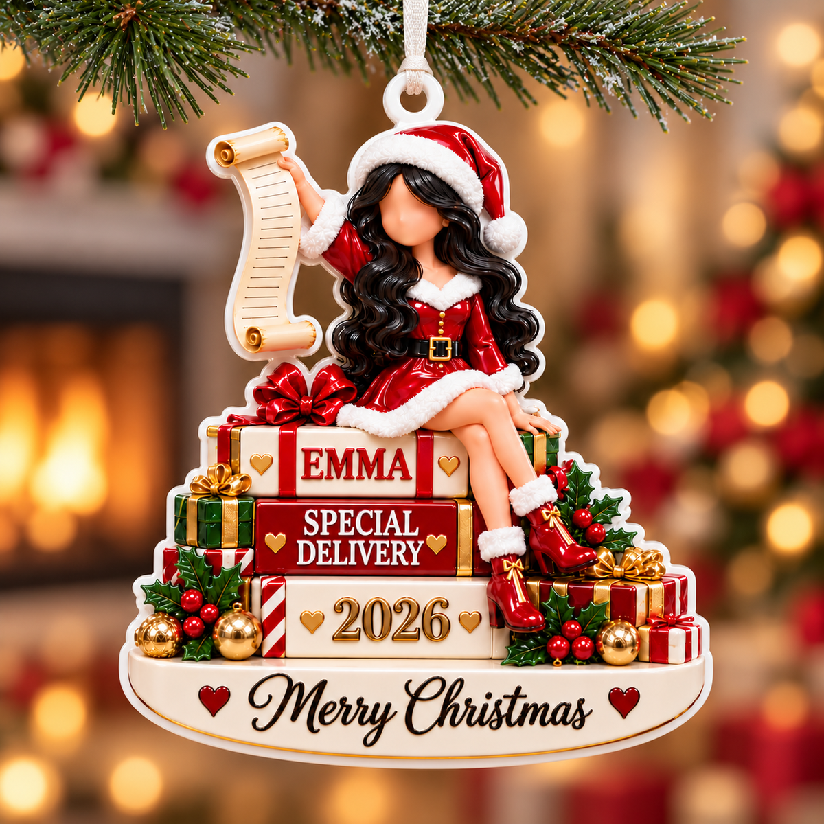 Christmas Girl on Gift Boxes Holiday Keepsake - 3D Relief Ornament