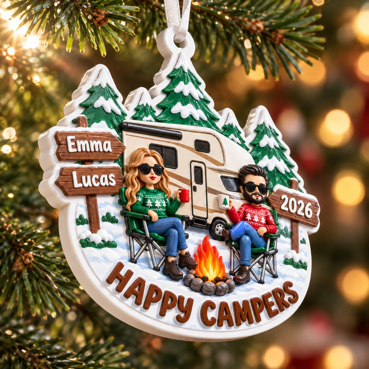 Holiday Tree Hanging RV Couple Campfire Winter Pine Forest Decor - 3D Relief Ornament