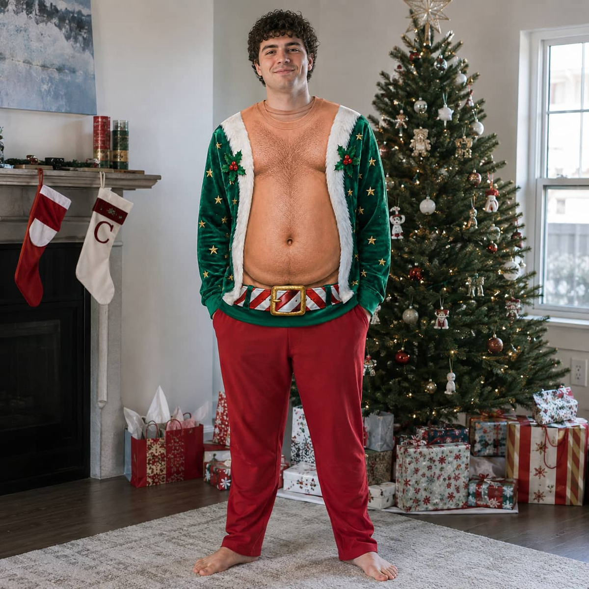 Funny Ugly Christmas Sweatshirt Fake Bare Chest Belly Graphic Crewneck