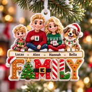 Family and Dog Christmas Tree Ornament, Acrylic Holiday Hanging Decor