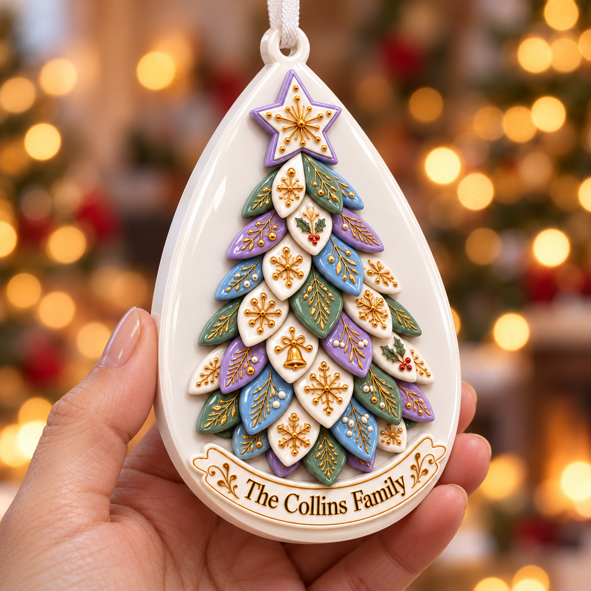 Acrylic Teardrop Christmas Tree Plaque with Gold Leaf Details - 3D Relief Ornament
