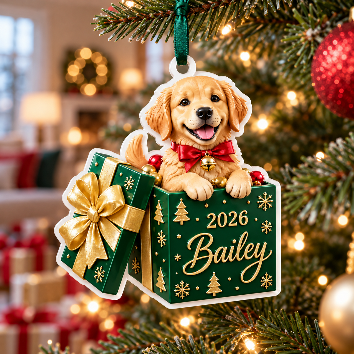 Golden Retriever Puppy in Christmas Gift Box Acrylic Tree Pendant - 3D Relief Ornament