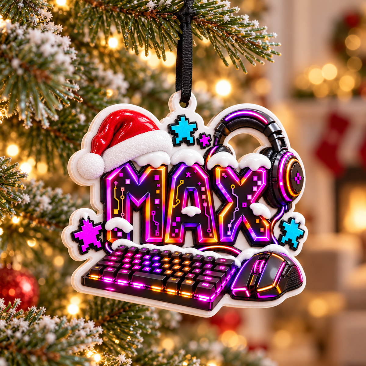 Video Gaming Santa Hat with Keyboard and Headset Christmas Holiday Decoration - 3D Relief Ornament