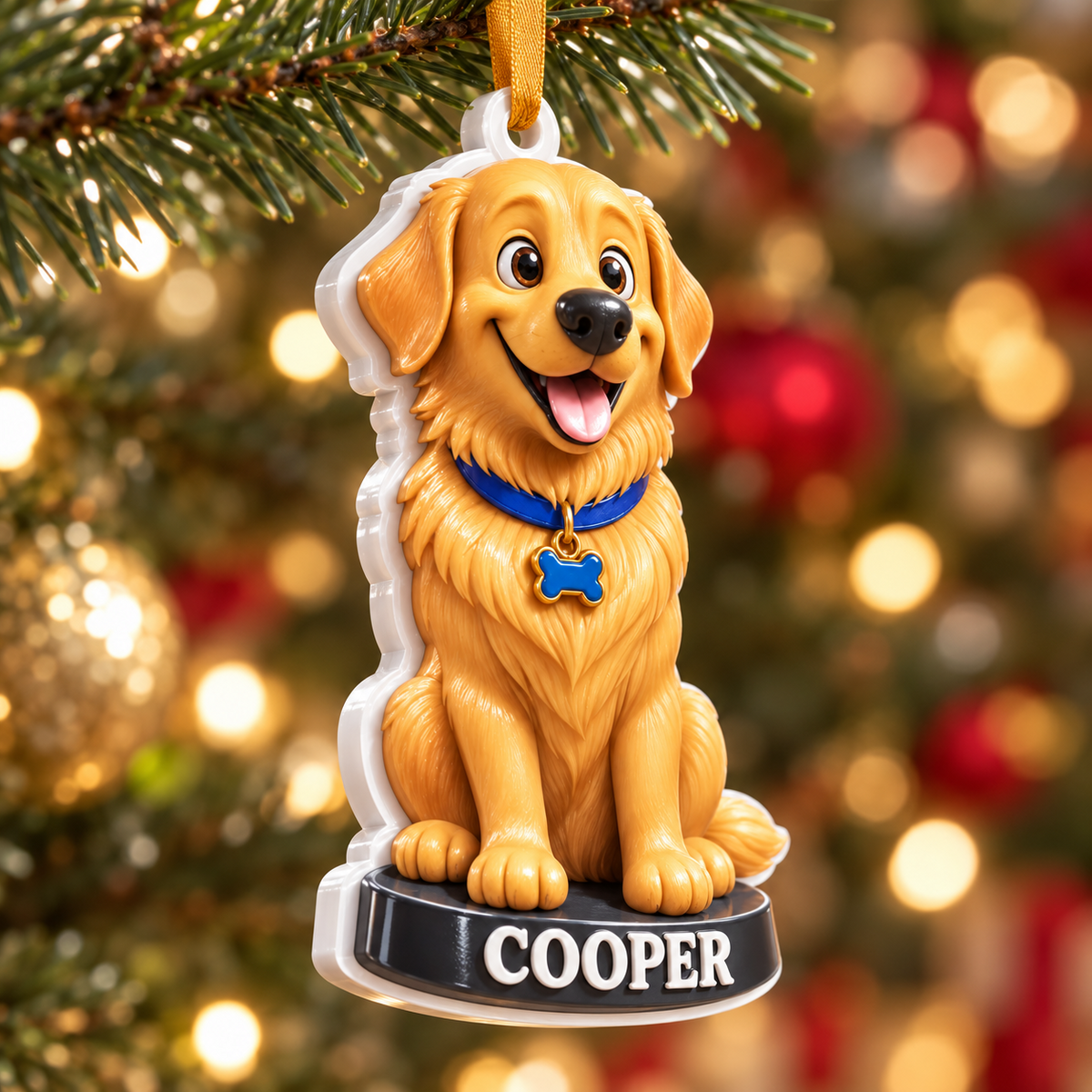 Golden Retriever Dog Holiday Tree Hanging Decoration, Yellow Puppy Figure - 3D Relief Ornament