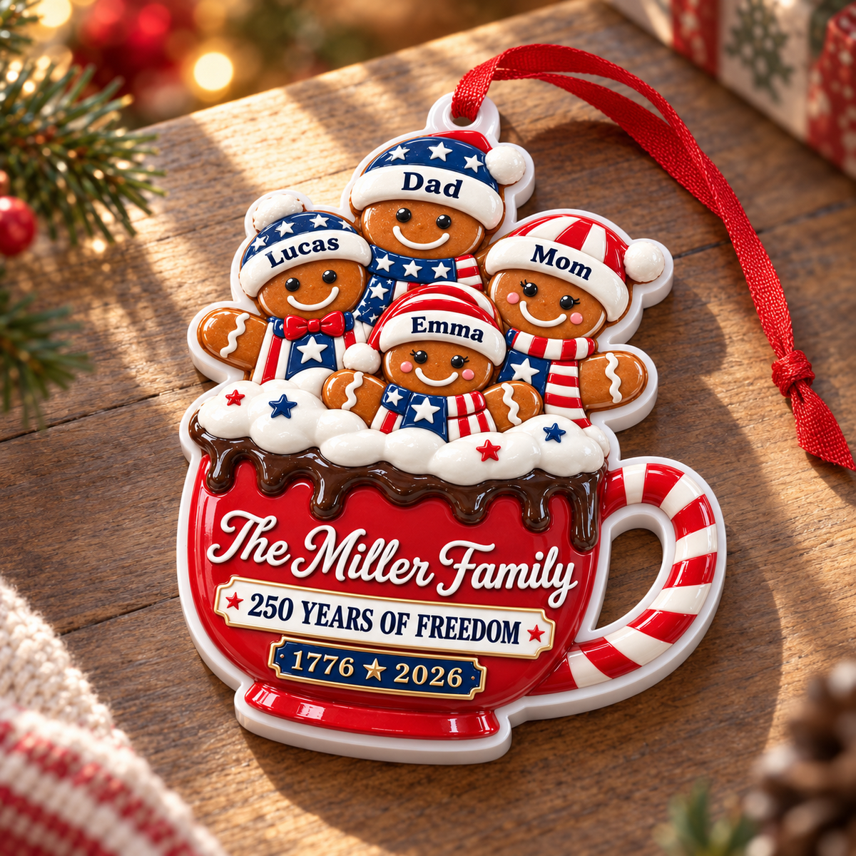 Patriotic Hot Cocoa Mug 250 Years of Freedom Holiday Tree Hanging Decor - 3D Relief Ornament