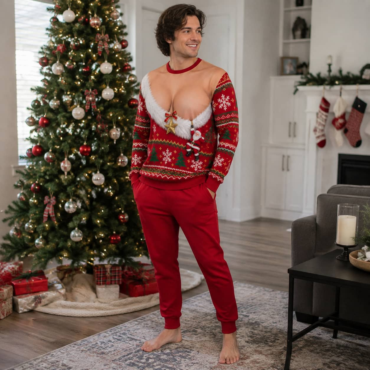 Funny Cleavage Ugly Christmas Sweatshirt, Faux Chest Holiday Top