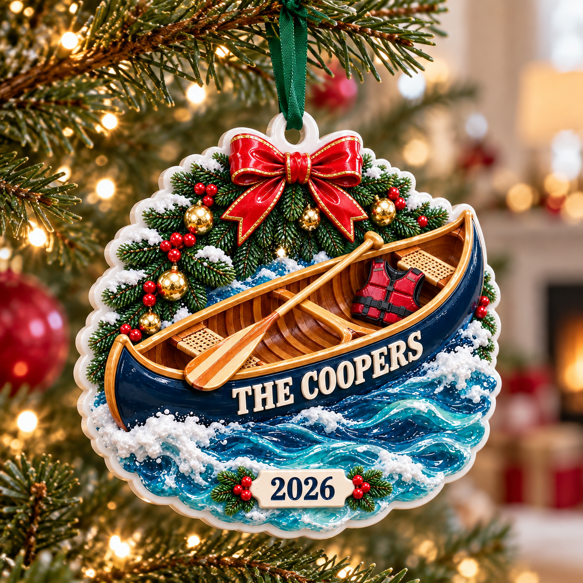 Canoe Boat on Ocean Waves with Pine and Bow Holiday Keepsake - 3D Relief Ornament