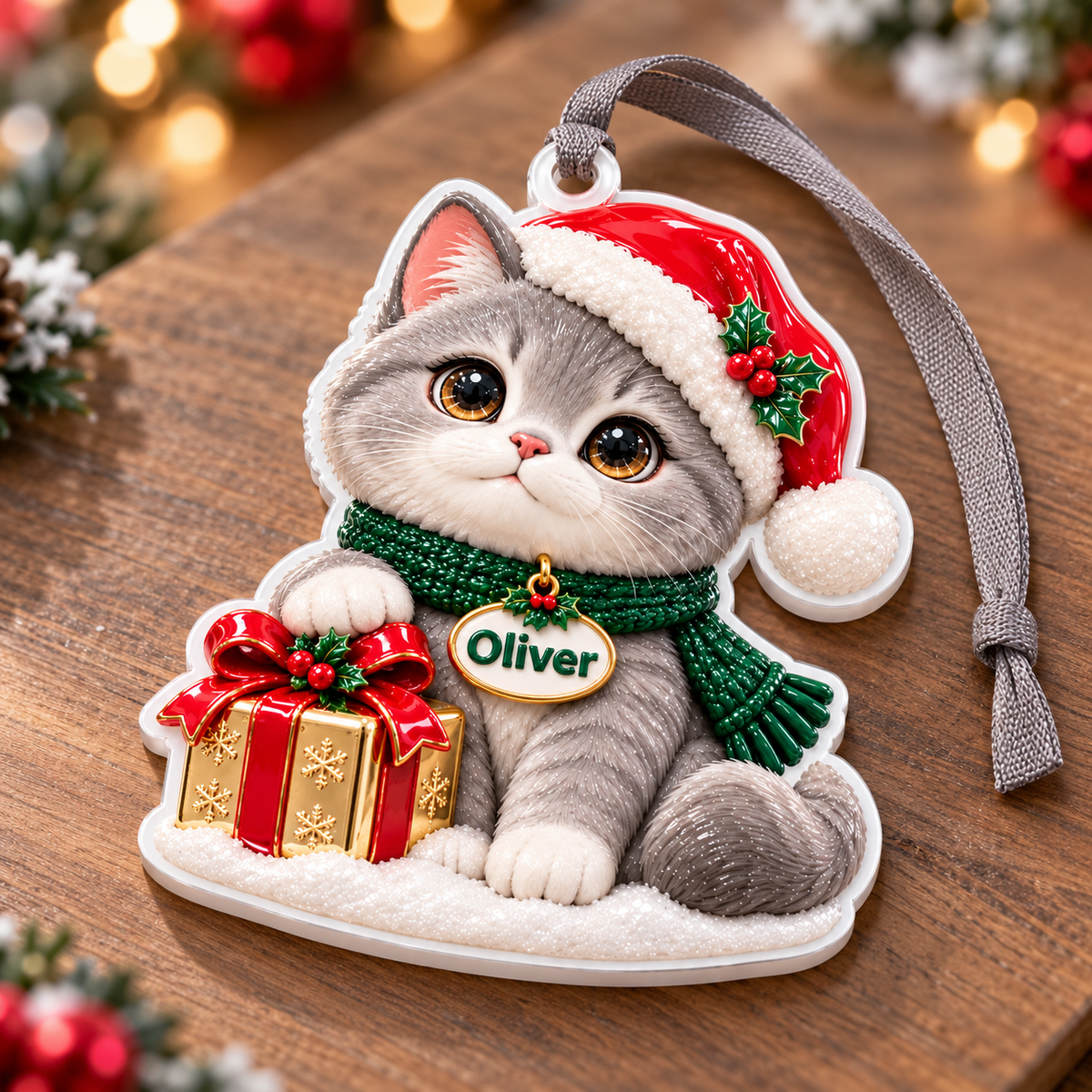 Christmas Grey Cat with Santa Hat and Holiday Present Acrylic Hanging Keepsake - 3D Relief Ornament