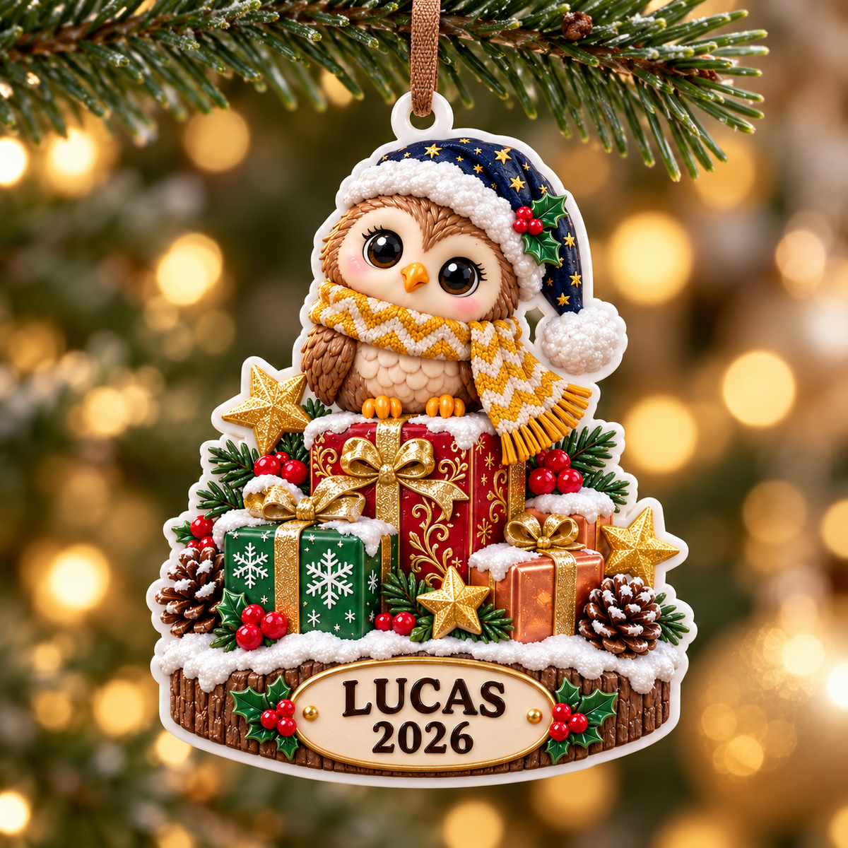 Winter Owl Perched on Stacked Holiday Gift Boxes Plaque - 3D Relief Ornament
