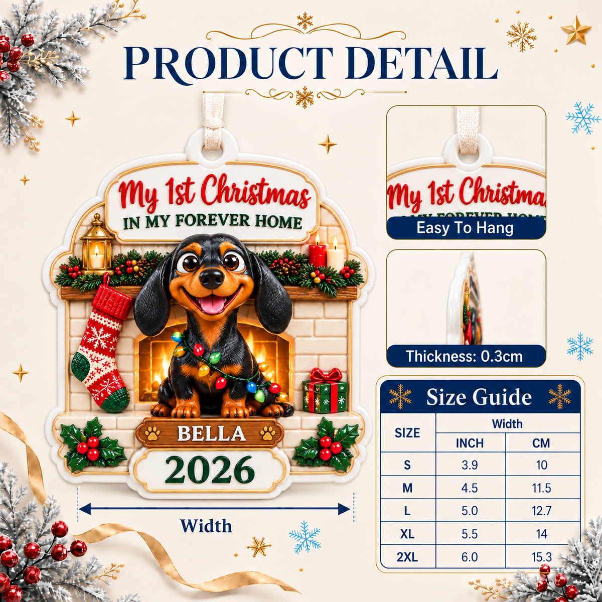 Dachshund Puppy by Fireplace First Christmas Dog Tag Keepsake - 3D Relief Ornament