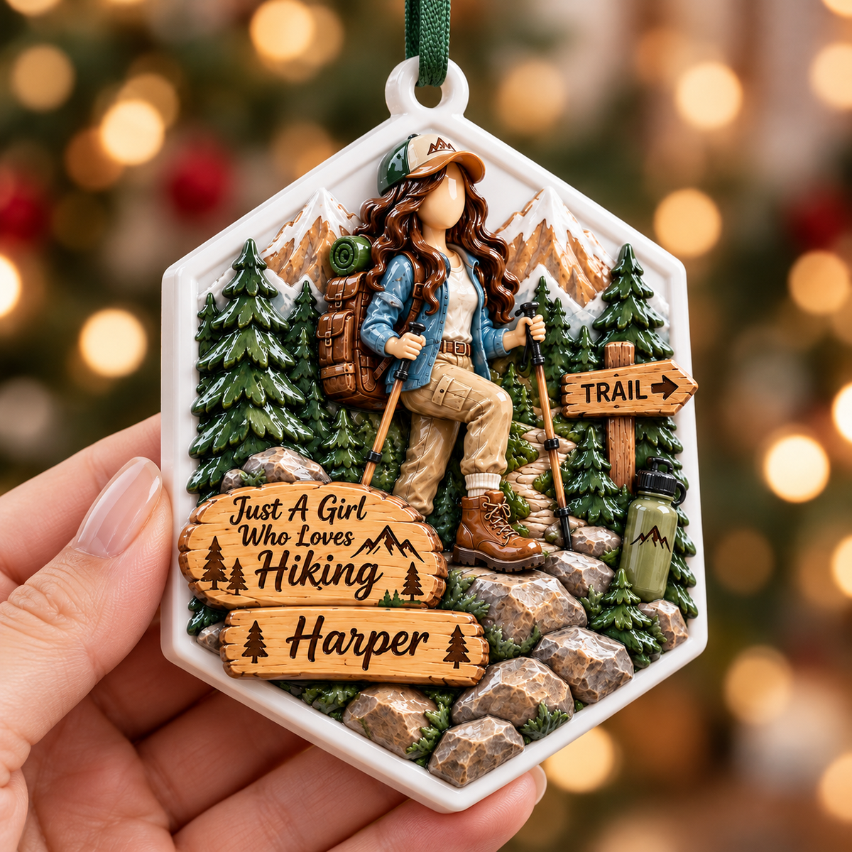 Hiking Girl Mountain Trail Hexagon Holiday Keepsake - 3D Relief Ornament