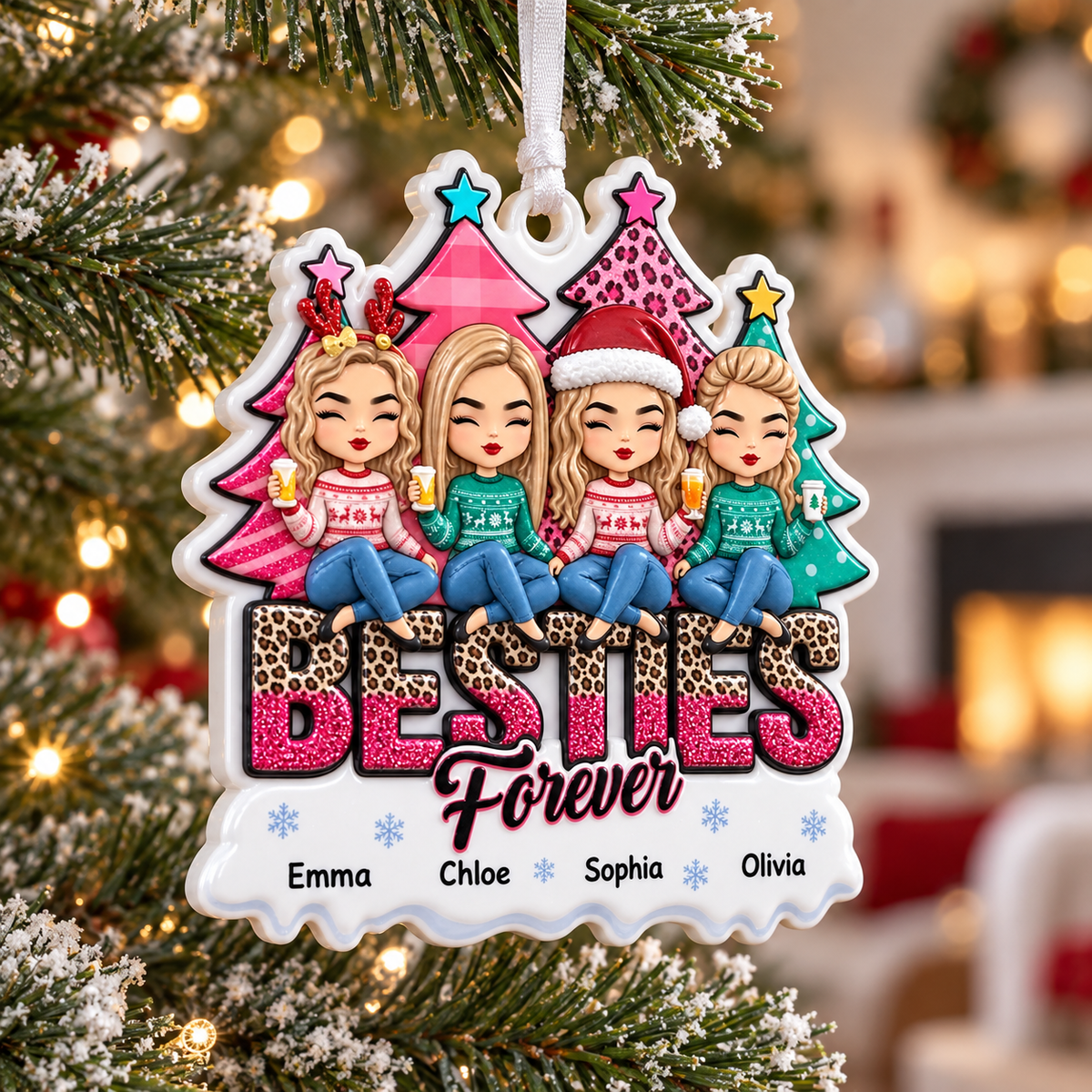 Four Friends Christmas Hanging Keepsake with Winter Holiday Trees - 3D Relief Ornament