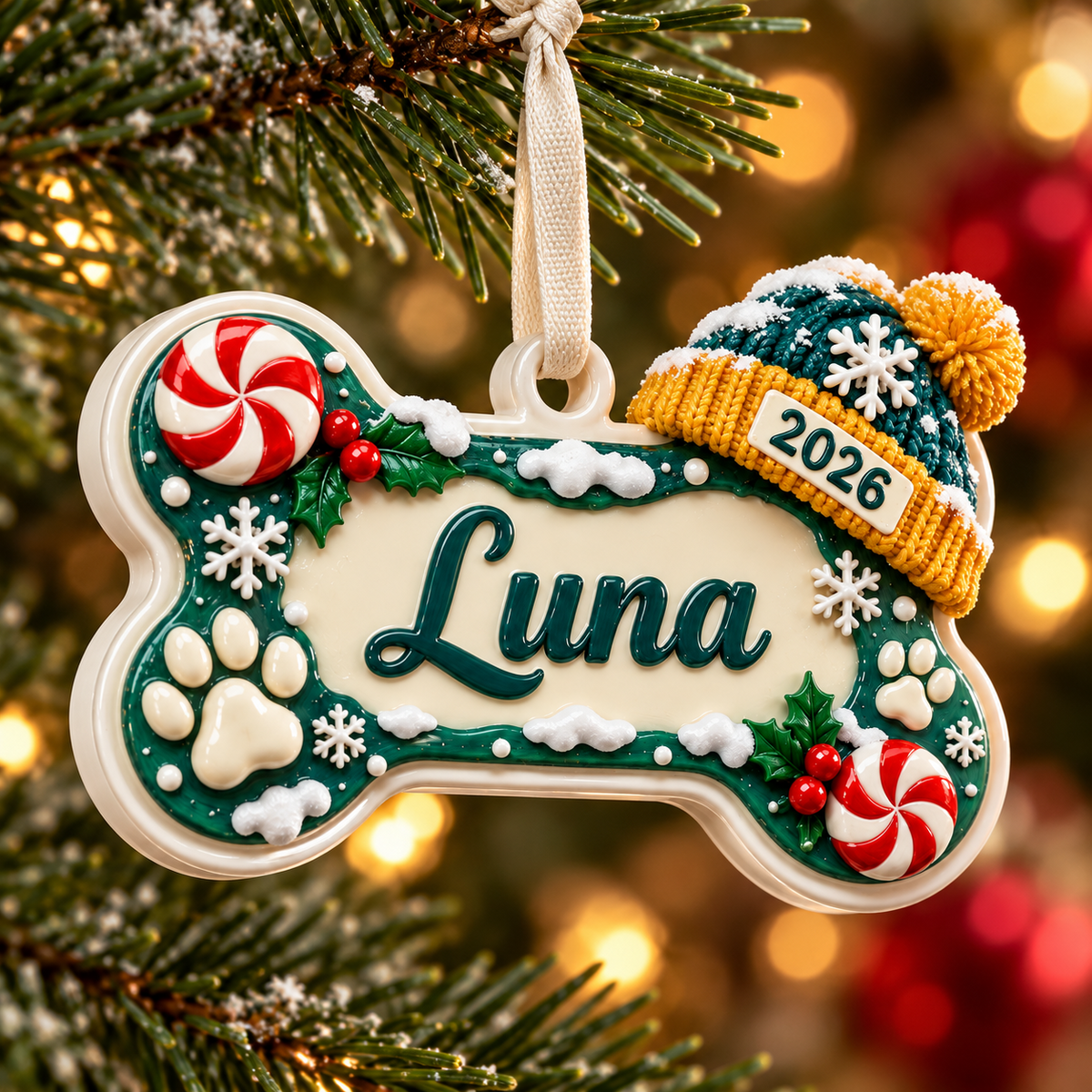 Dog Bone Holiday Keepsake with Knit Beanie Hat and Peppermint Details - 3D Relief Ornament