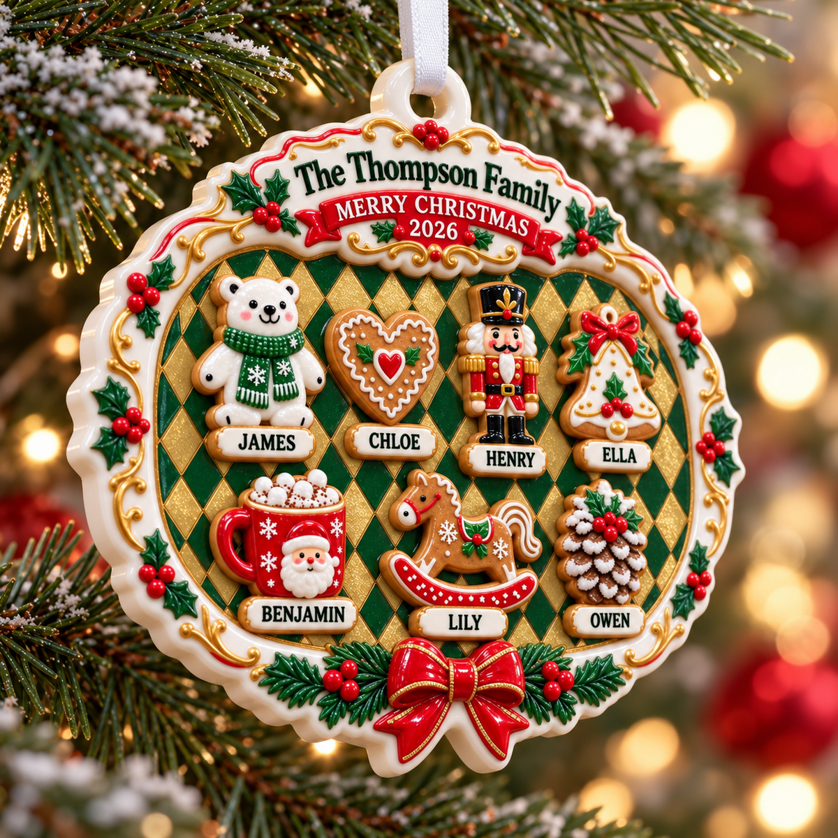 Family Christmas Plaque with Holiday Gingerbread Characters - 3D Relief Ornament