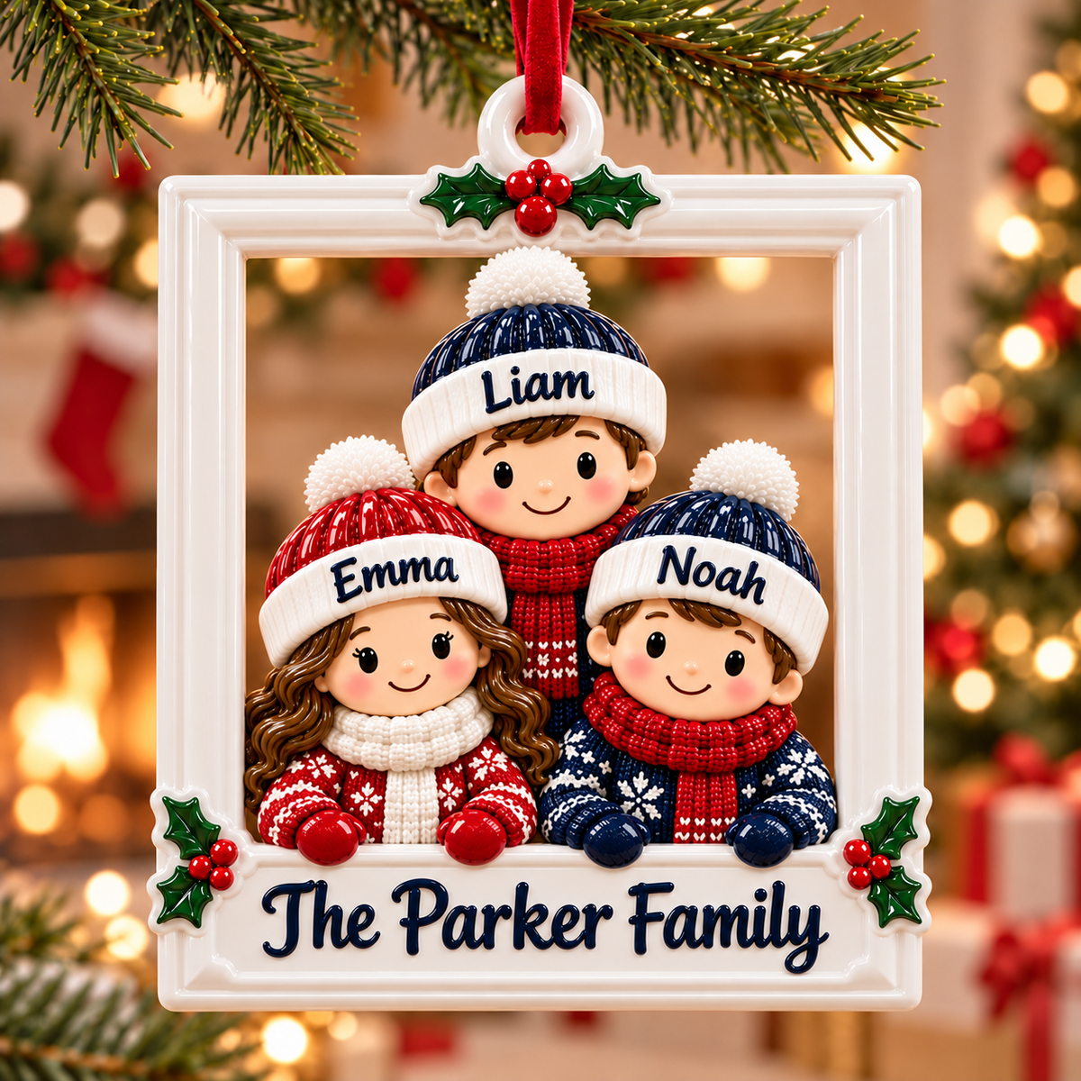 Christmas Family of 7 Winter Beanie Picture Frame Holiday Hanging - 3D Relief Ornament