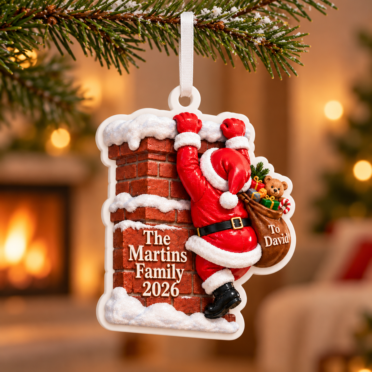 Santa Climbing Brick Chimney Christmas Tree Hanging Keepsake - 3D Relief Ornament
