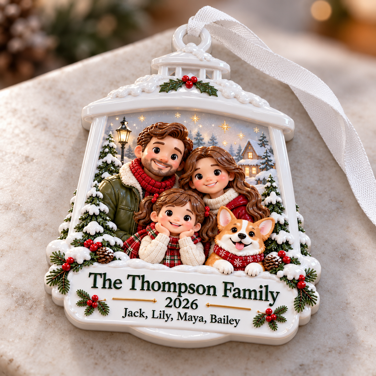 Winter Lantern Family and Dog Hanging Holiday Keepsake - 3D Relief Ornament