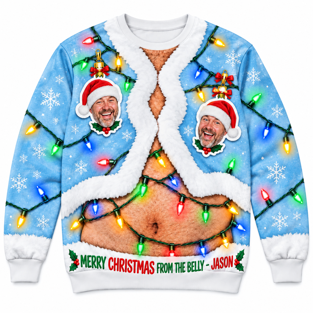 Ugly Christmas Sweatshirt Funny Hairy Belly String Lights Pullover