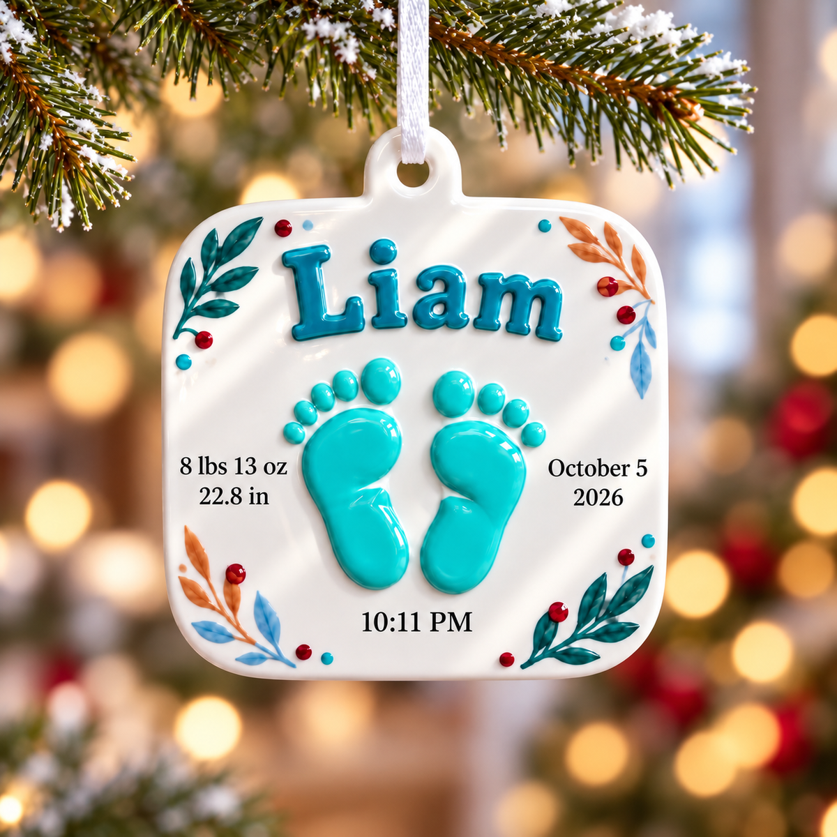 Baby Footprint Birth Stats Hanging Keepsake, Newborn White Holiday Plaque - 3D Relief Ornament