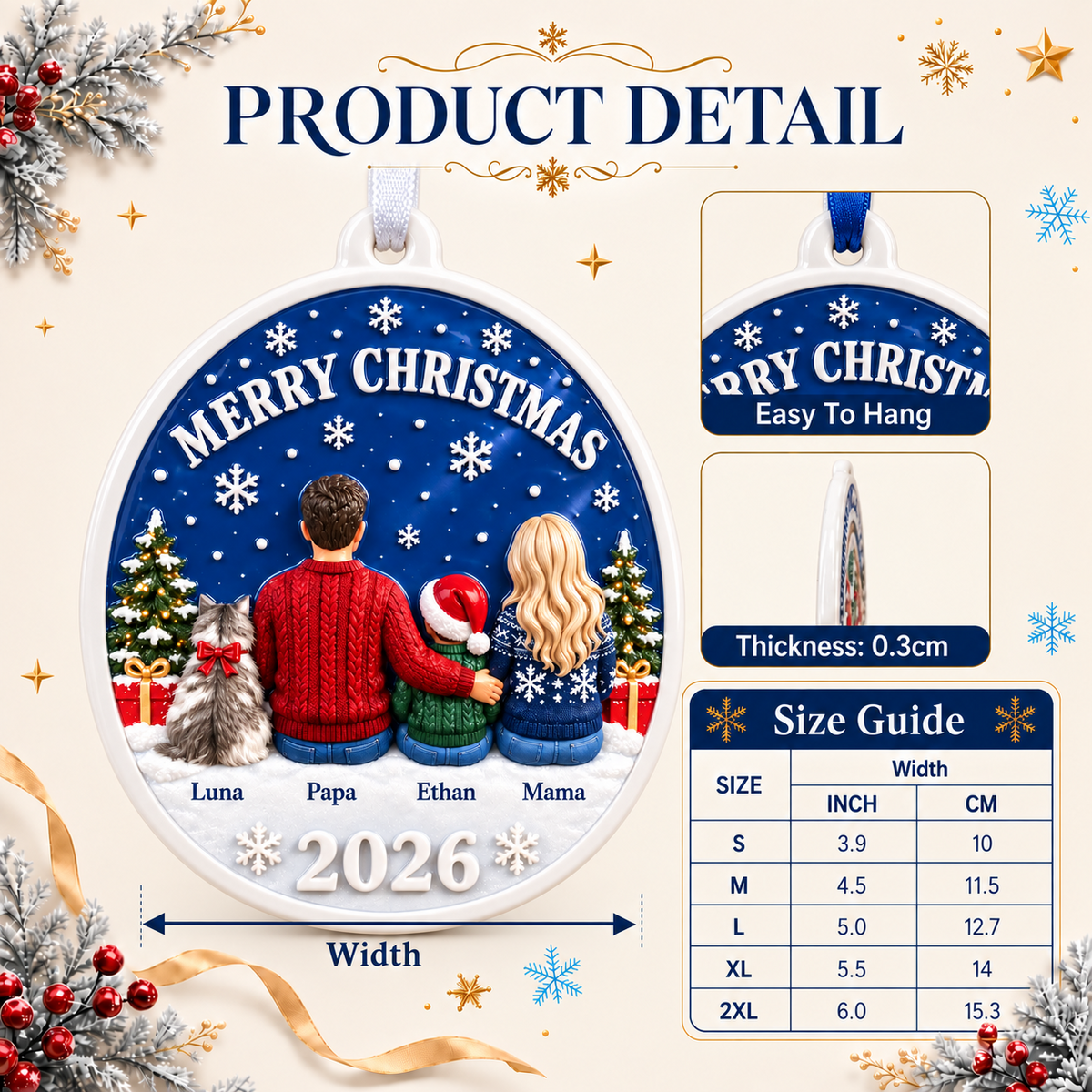 Family and Cat Christmas Hanging Medallion, Oval Blue Winter Sky Holiday Decor - 3D Relief Ornament