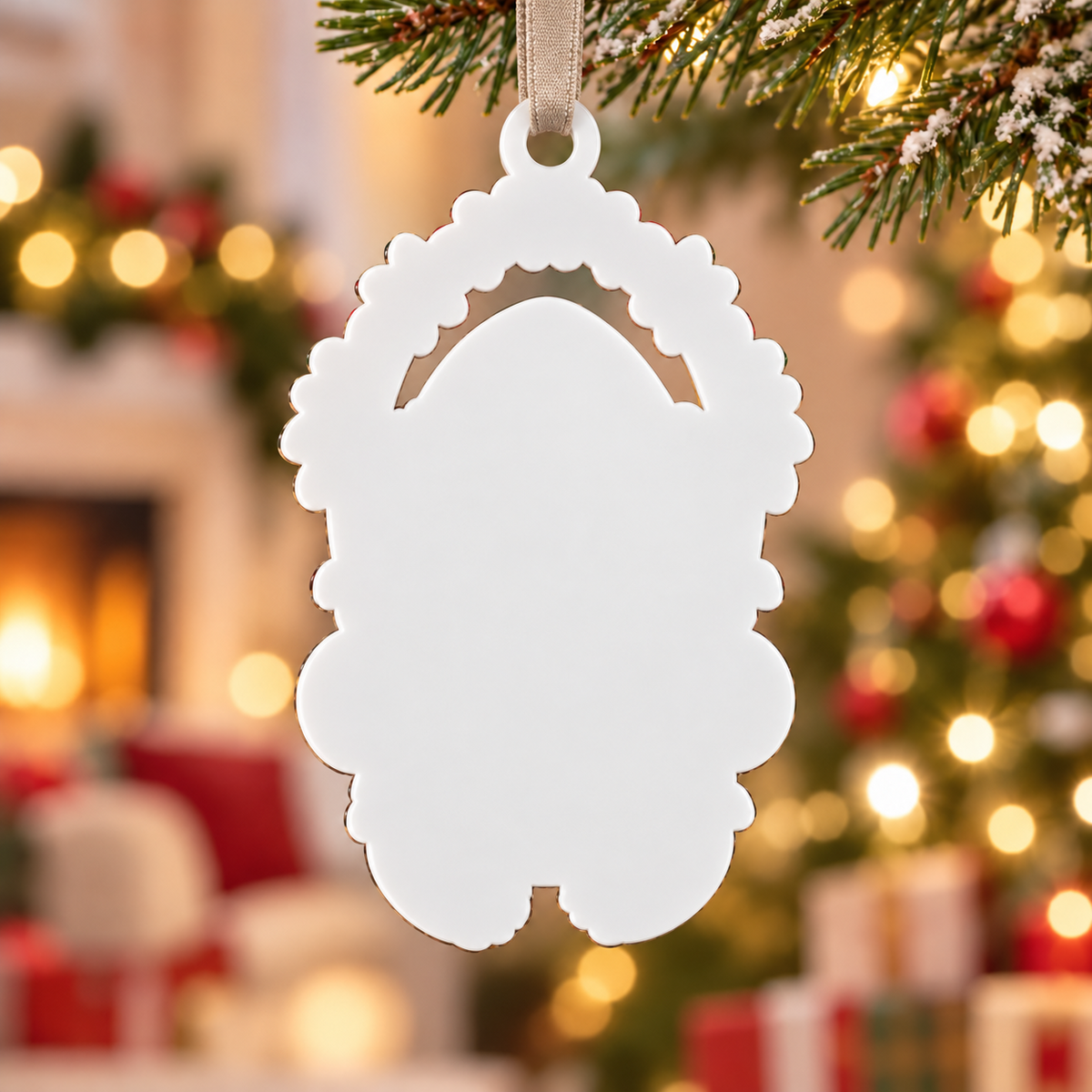 Baby Raccoon in Santa Hat with Christmas Lights Branch Wreath - 3D Relief Ornament