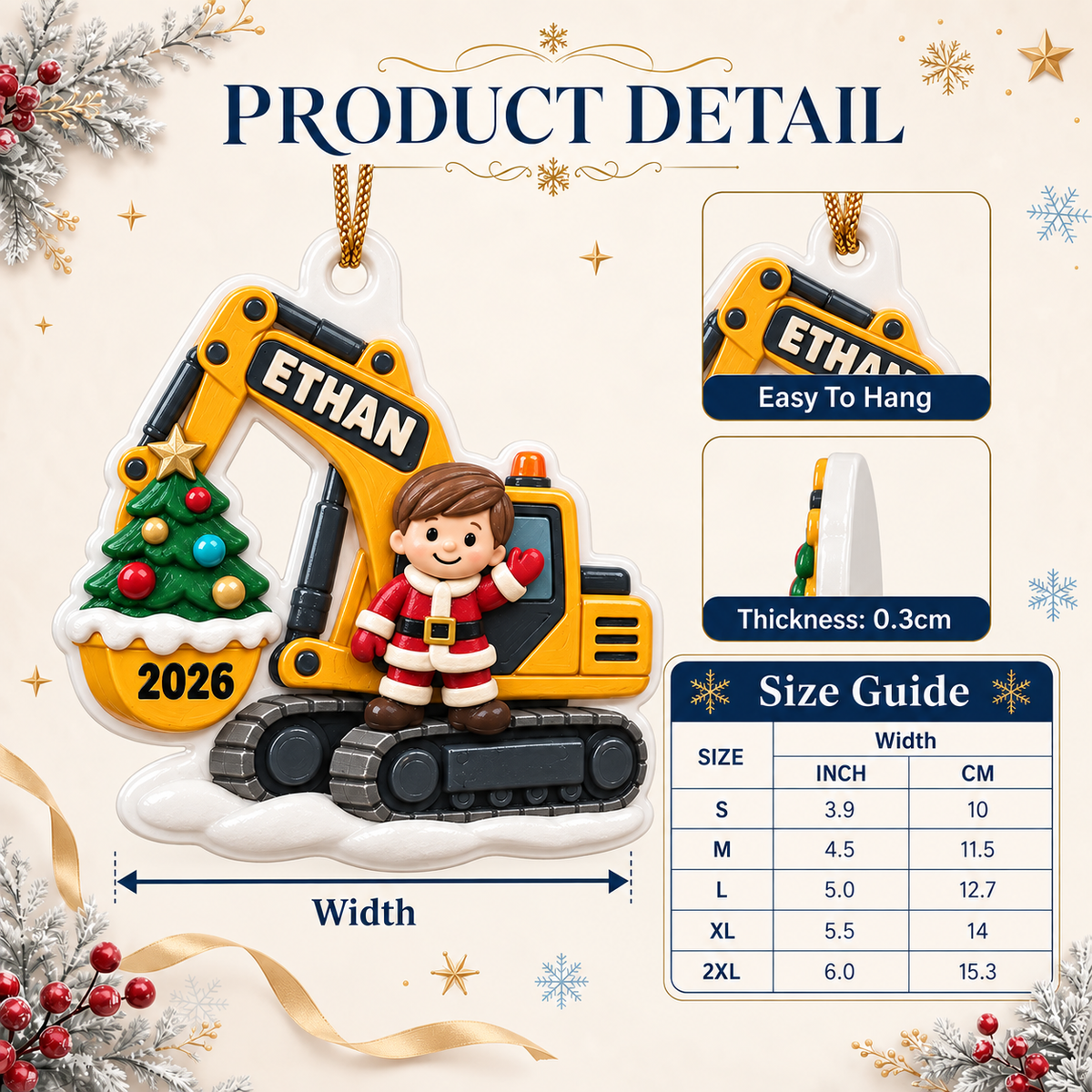 Yellow Excavator Construction Vehicle with Santa Boy and Christmas Tree - 3D Relief Ornament