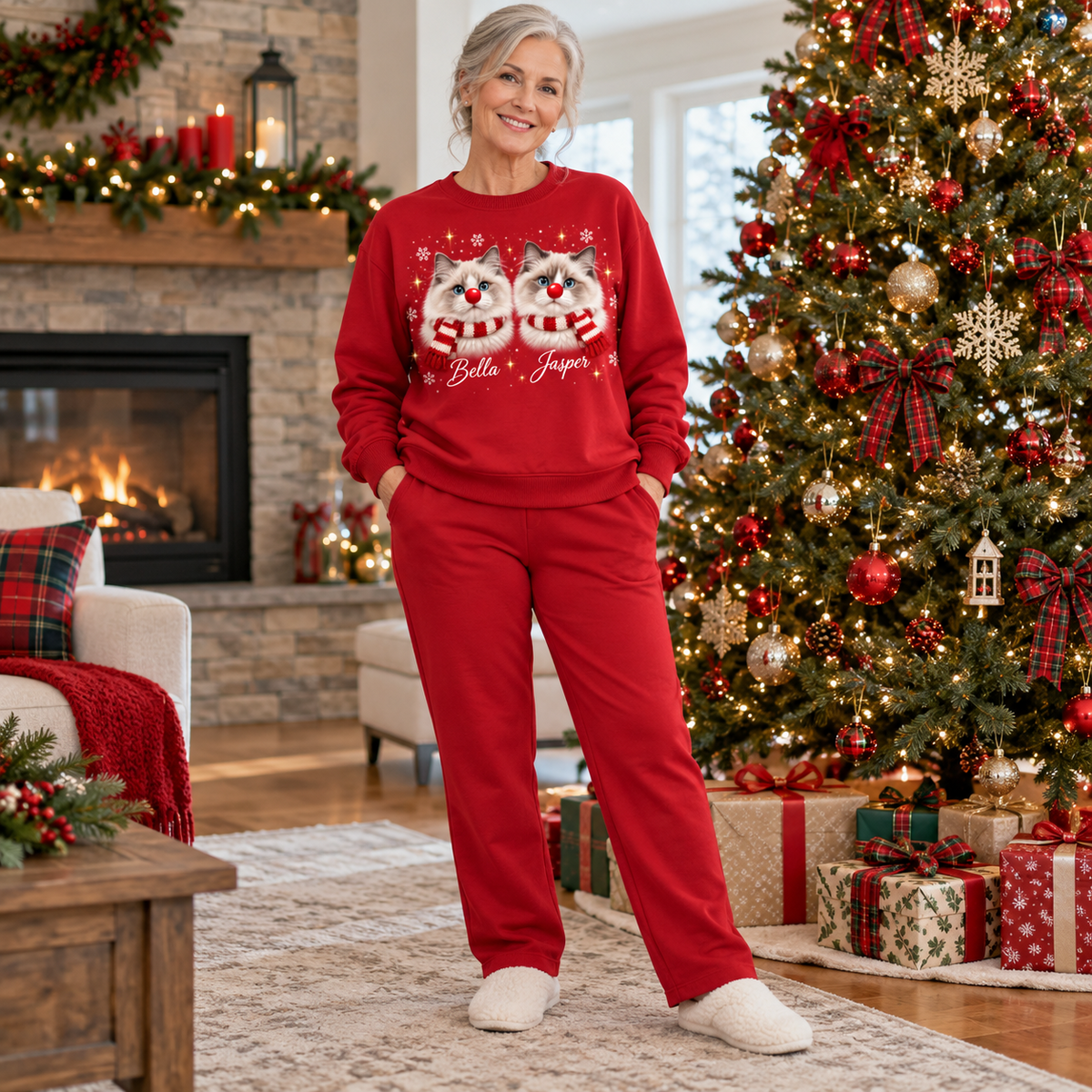 Christmas Cat Sweatshirt Holiday Graphic Red Nose Pet Crewneck