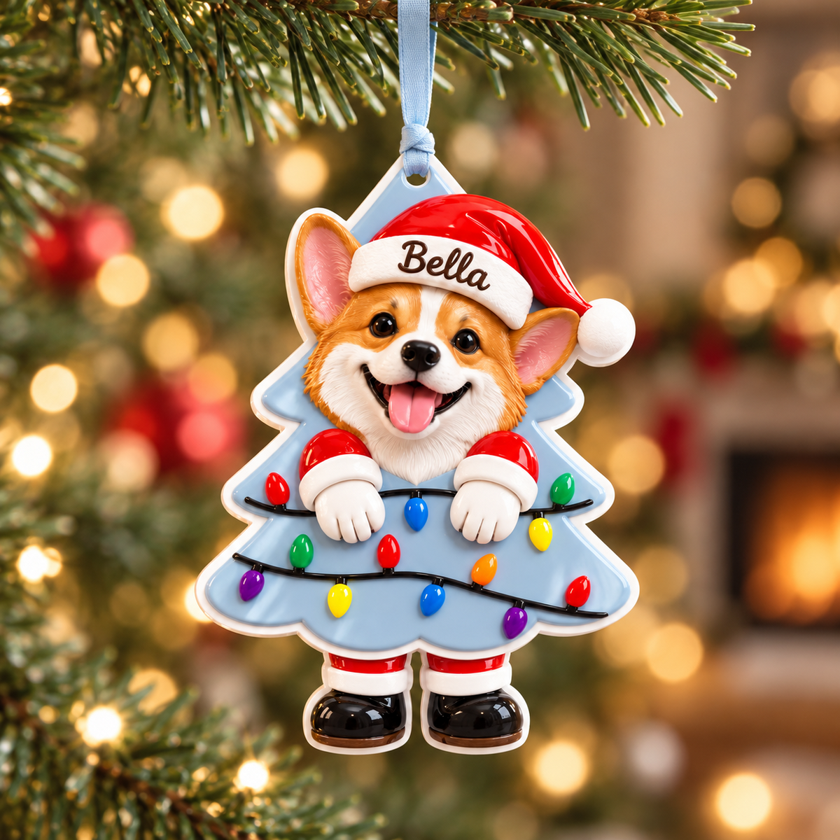 Pembroke Welsh Corgi Dog in Santa Hat Christmas Tree Holiday Hanging Decor - 3D Relief Ornament