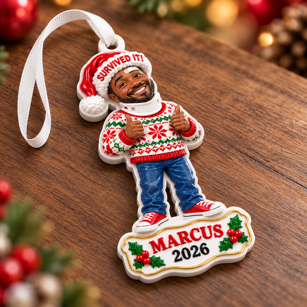 Survived It Injured Man in Ugly Sweater Christmas Tree Hanging Keepsake - 3D Relief Ornament