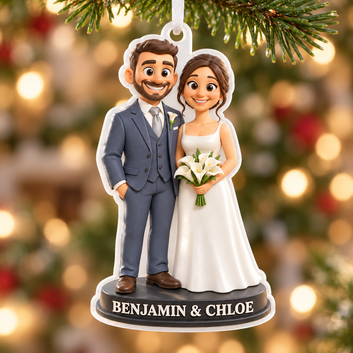 Bride and Groom Wedding Couple Acrylic Hanging Holiday Keepsake - 3D Relief Ornament