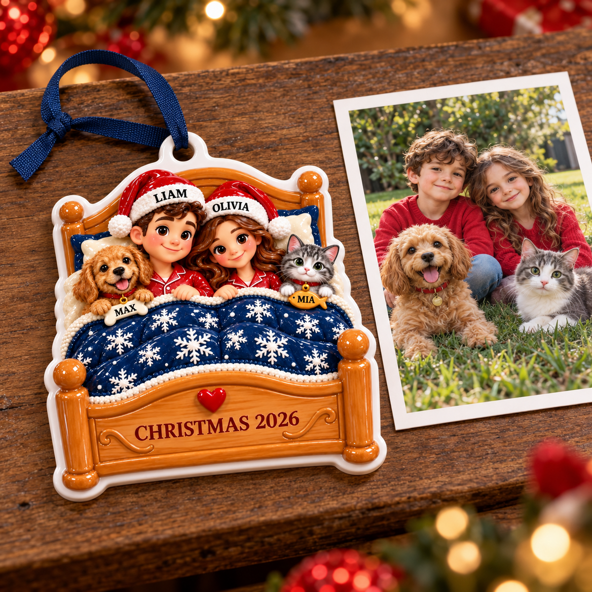Couple with Dog and Cat in Bed Holiday Keepsake - 3D Relief Ornament