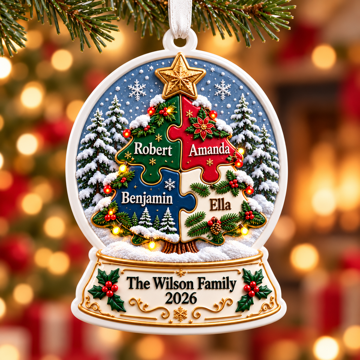 Snow Globe Shaped Holiday Tree Hanging Decor in Glossy White Finish - 3D Relief Ornament