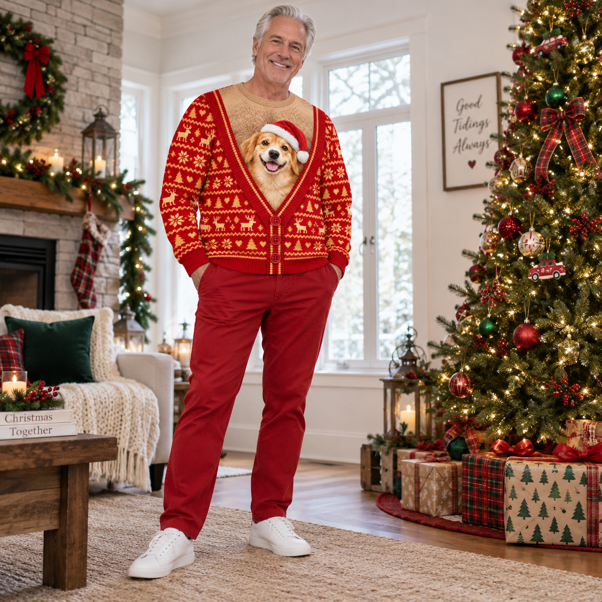 Dog Christmas Sweatshirt Funny Faux Cardigan Holiday Graphic Pullover