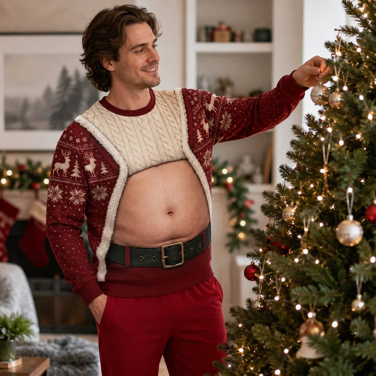 Christmas Sweatshirt Funny Fake Belly Exposed Stomach Graphic Top