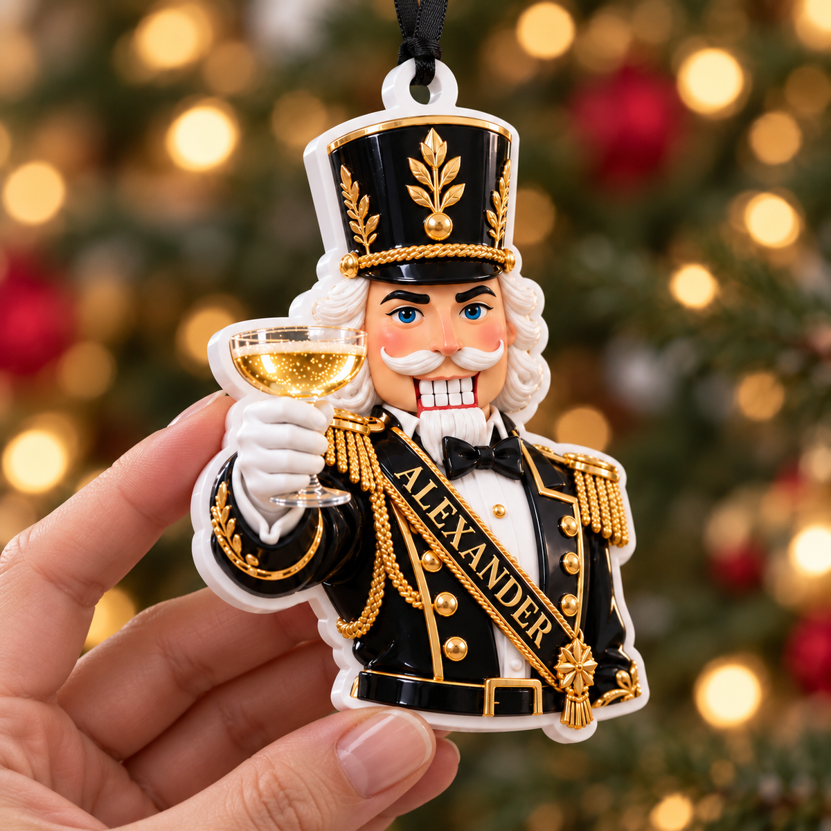 Black and Gold Soldier Nutcracker Toasting Champagne Holiday Tree Decor - 3D Relief Ornament