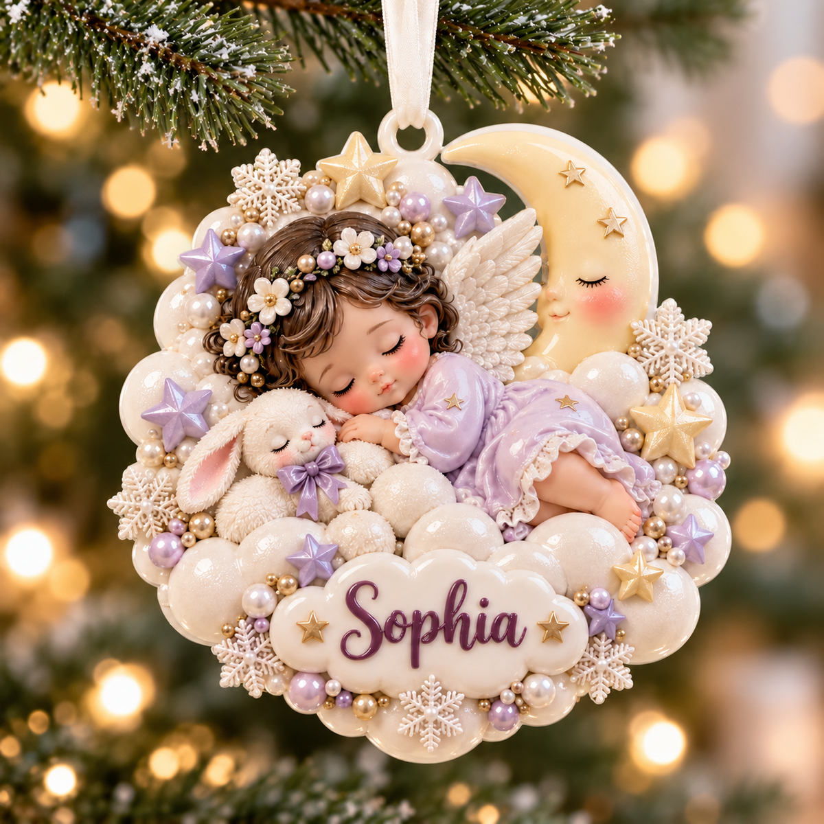 Sleeping Baby Angel with Bunny and Crescent Moon Holiday Keepsake - 3D Relief Ornament