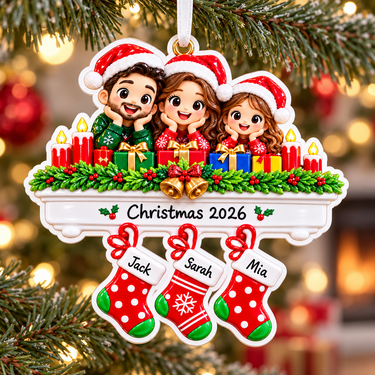 Family of 3 Christmas Fireplace Stockings Holiday Tree Decoration - 3D Relief Ornament