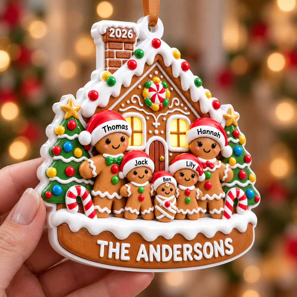 Gingerbread House Family of Five Holiday Tree Hanging Decoration - 3D Relief Ornament