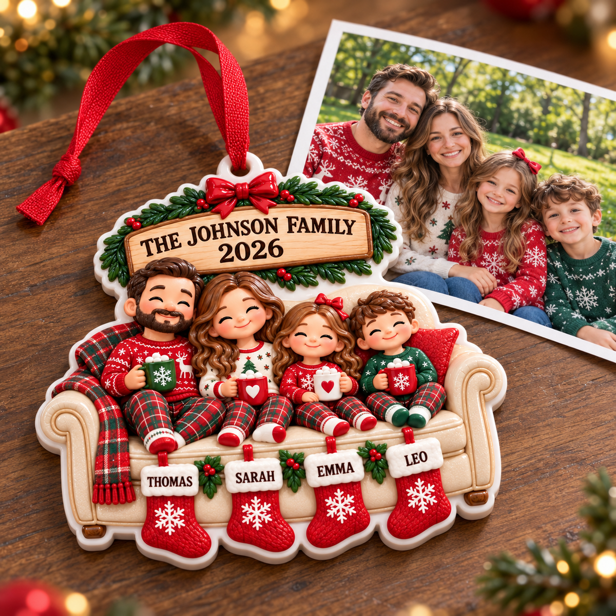 Family of 4 on Sofa with Christmas Stockings Holiday Keepsake - 3D Relief Ornament