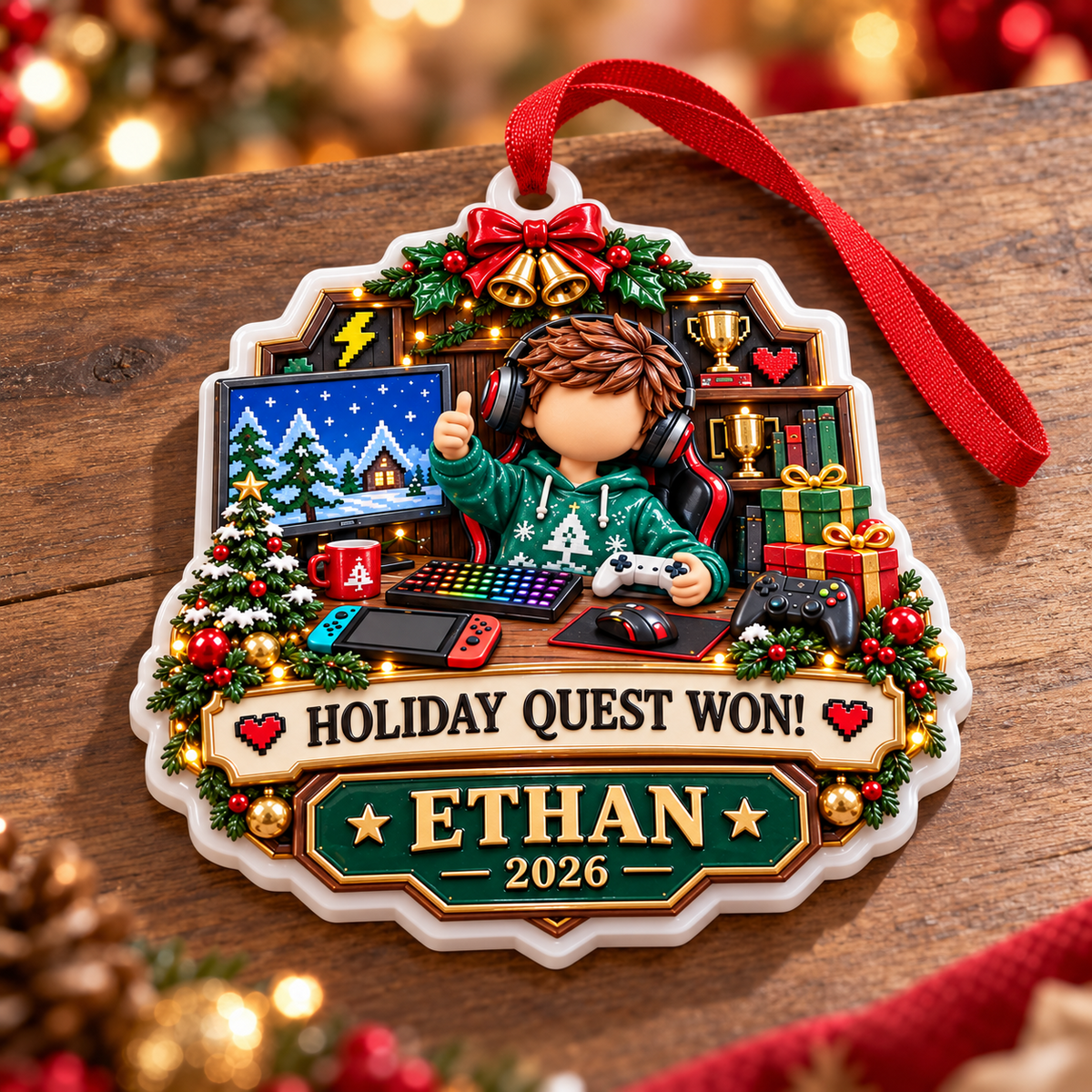 Video Gamer Holiday Quest Boy at Computer Desk Tree Decoration - 3D Relief Ornament