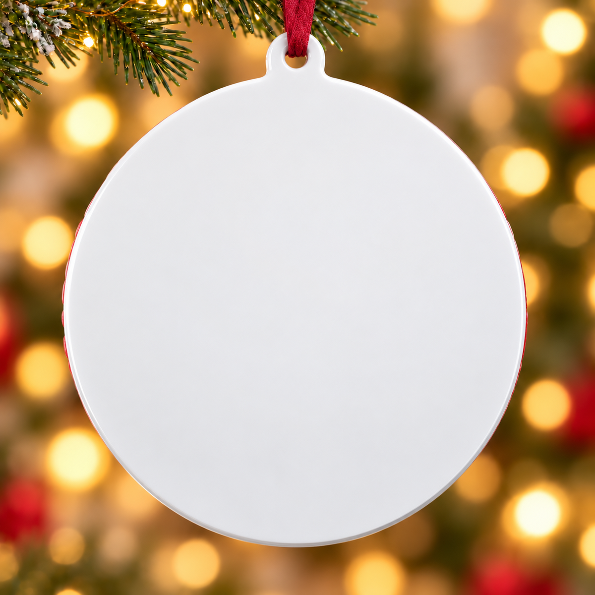 Round White Ceramic Holiday Bauble with Red Ribbon for Christmas Tree Decor - 3D Relief Ornament