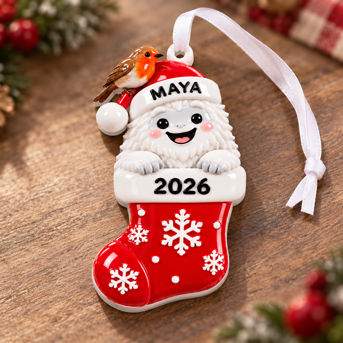 Christmas Yeti in Stocking with Robin Hanging Holiday Decor - 3D Relief Ornament