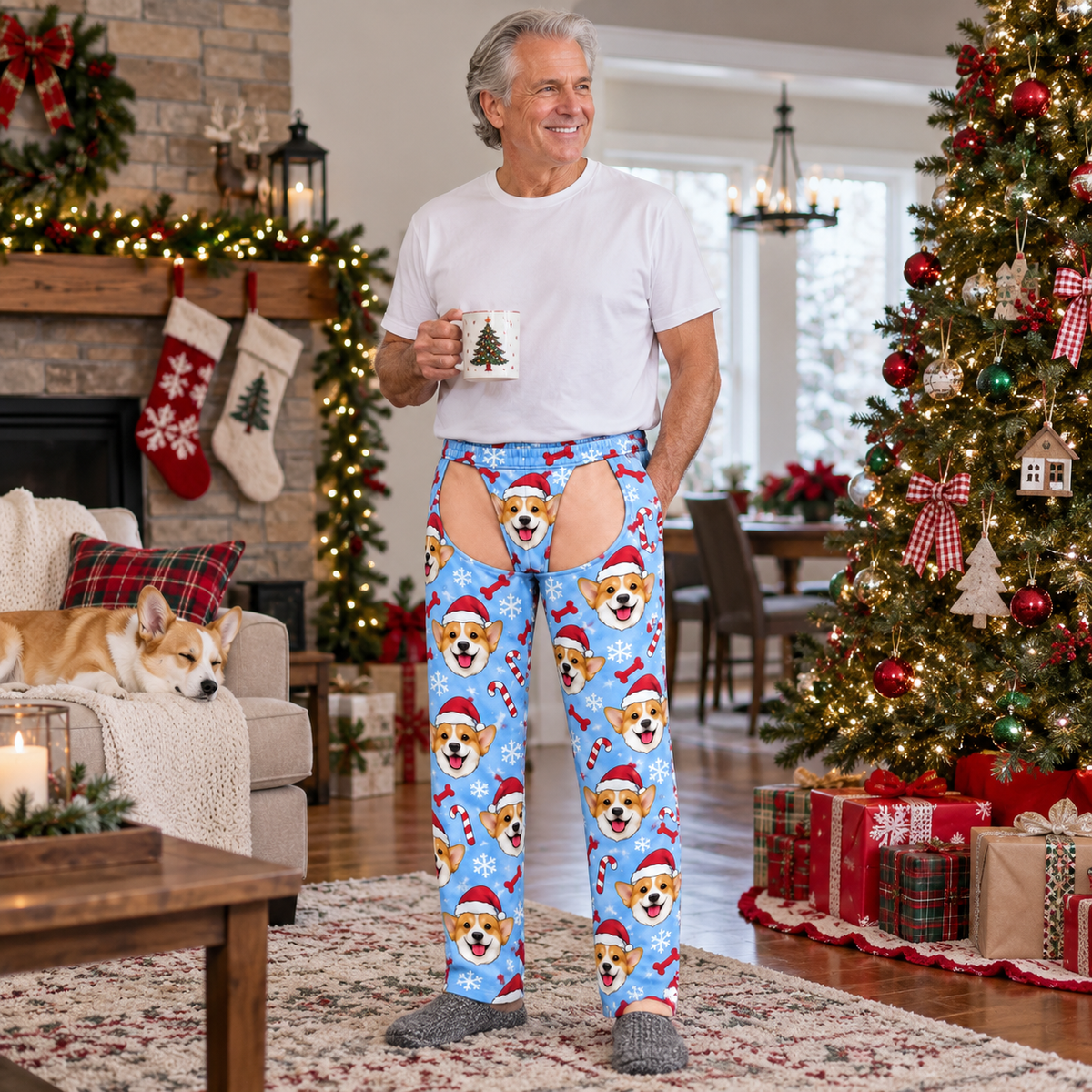 Men's Christmas Corgi Cutout Pajama Pants Light Blue Novelty Chaps