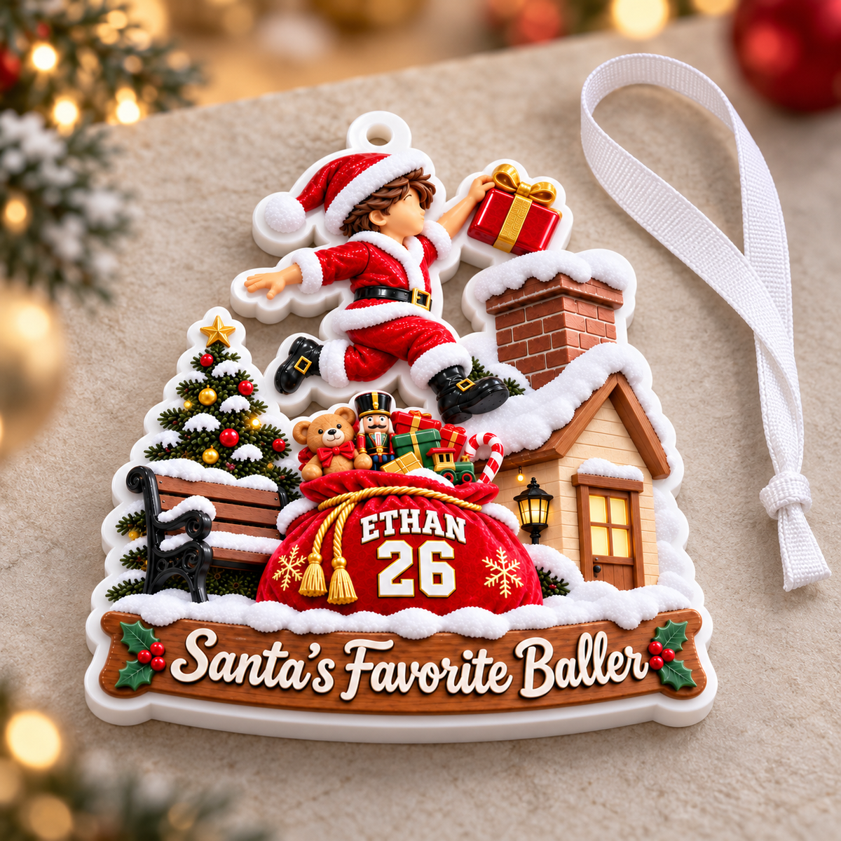 Santa's Favorite Baller Chimney Scene Acrylic Holiday Keepsake - 3D Relief Ornament