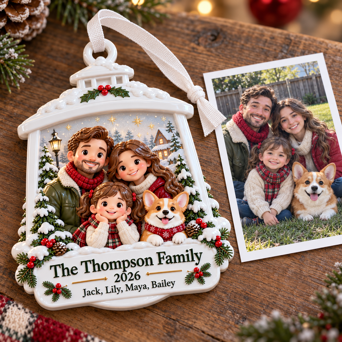 Winter Lantern Family and Dog Hanging Holiday Keepsake - 3D Relief Ornament