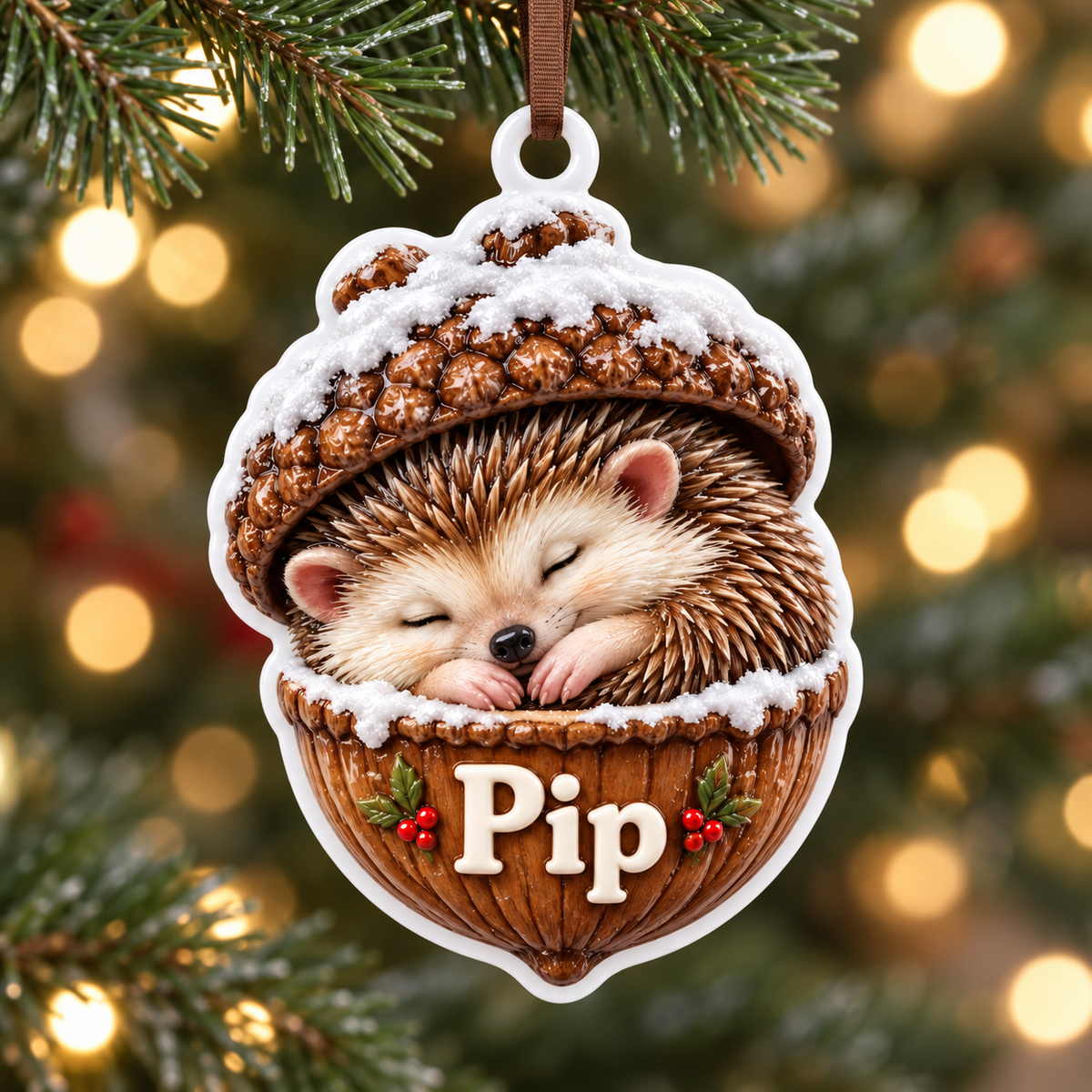 Sleeping Hedgehog in Acorn Shell Holiday Tree Decoration - 3D Relief Ornament